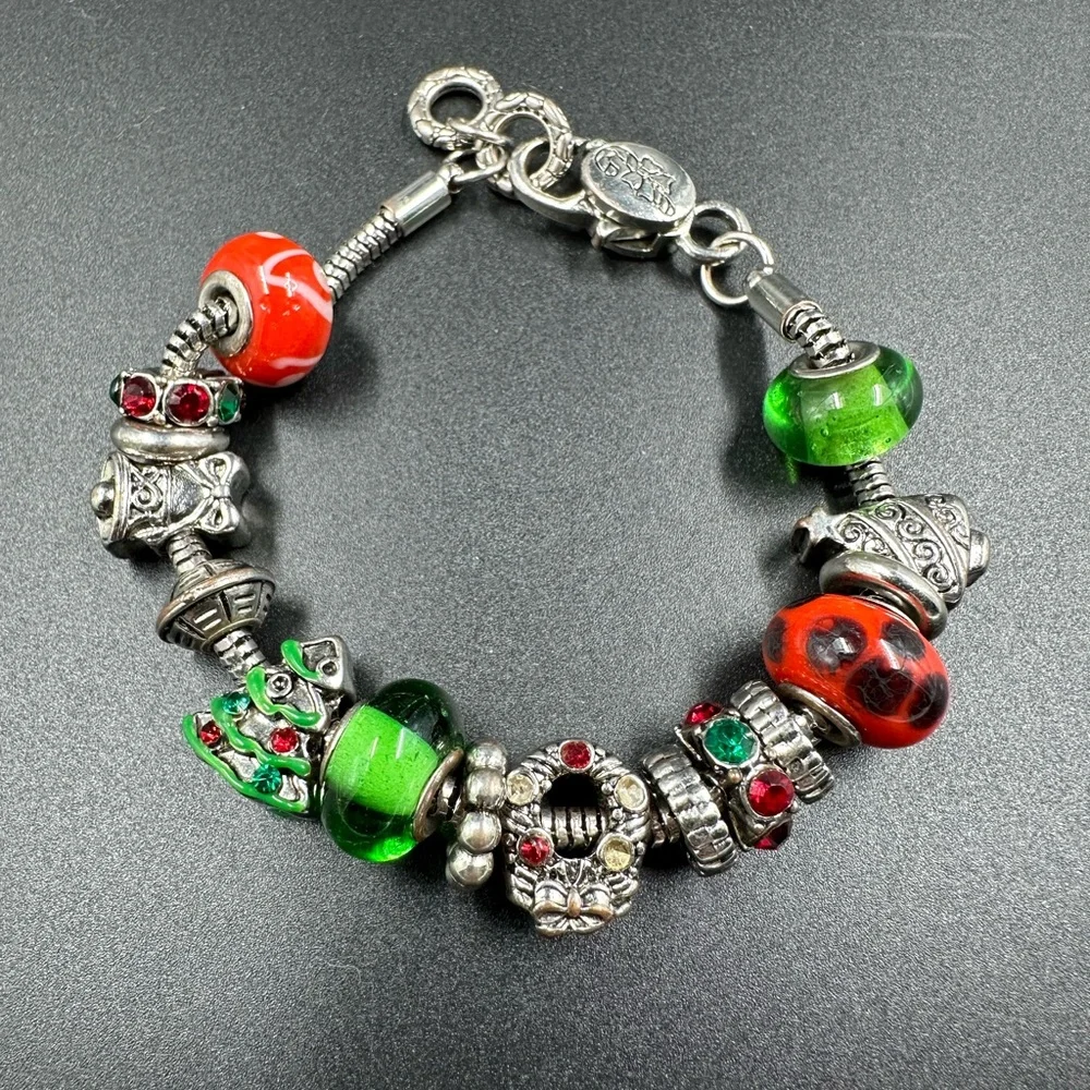 Christmas Slider Charm Bracelet Tree Wreath Bell Glass Beads
